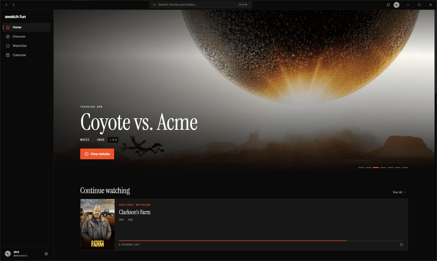 The awatch Windows app showing the home page